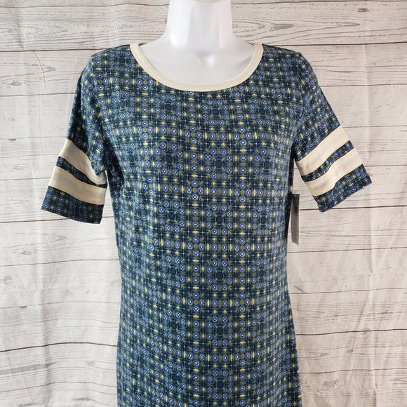 LuLaRoe Womens Julia Dress Sz Small Blue Green Short‎ Sleeve - Picture 2 of 7